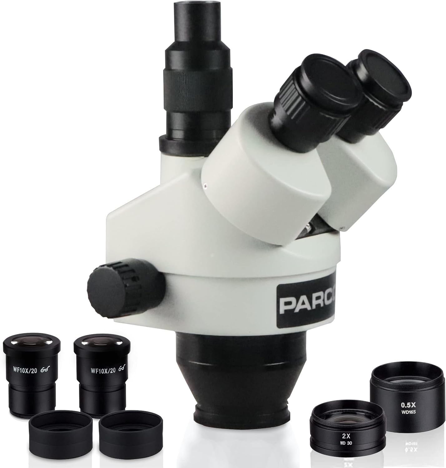 Parco Scientific PZFZ 0.7X-4.5X Simul-Focal Trinocular Zoom Stereo Microscope Head, Pair of 10x Widefield (20mm) Eyepieces with Eye-Guards, 0.5X&2.0X Barlow Lens
