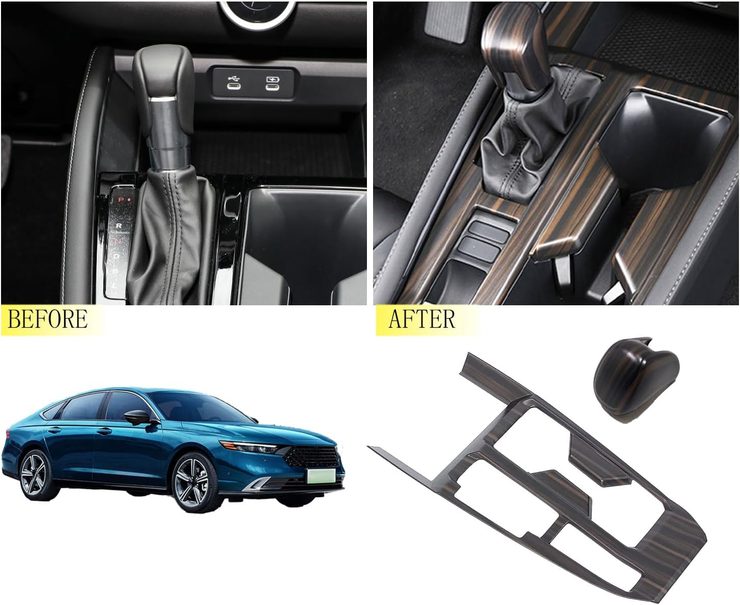 Center Console Gear Shift Panel and Knob Cover Trim Fit for Honda Accord and Hybrid 2023 2024 2025 Interior Accessories（ABS，Peach Wood）