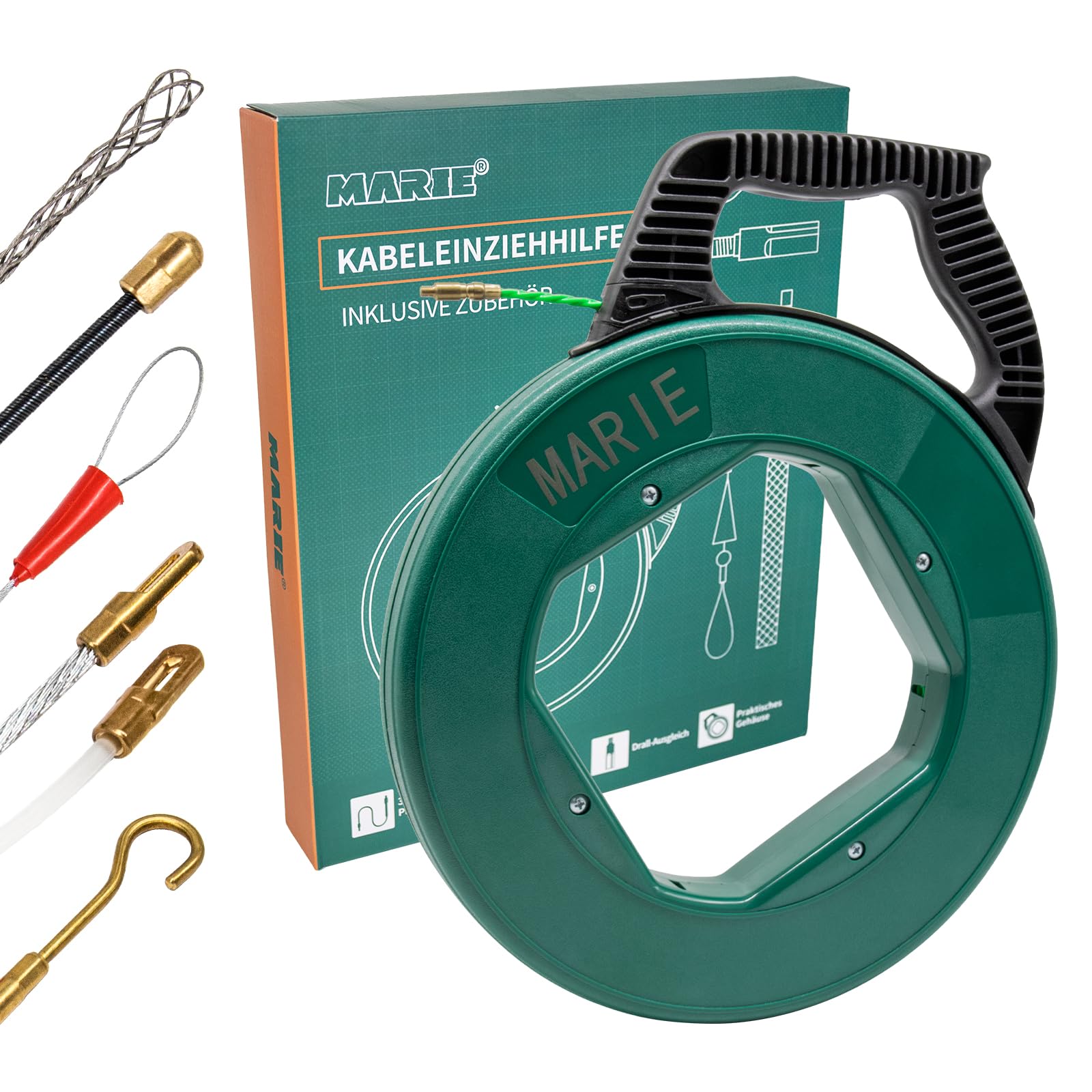 Kabeleinziehhilfe 30m - MARIE Kabeleinzugshilfe mit 4.5mm PET inkl. 6 Adapter - Langlebige Kabel Kabelziehhilfe für Elektroarbeiten - Einziehspirale mit Einziehfeder Bruchsicher zum Ziehen Dunkelgrün