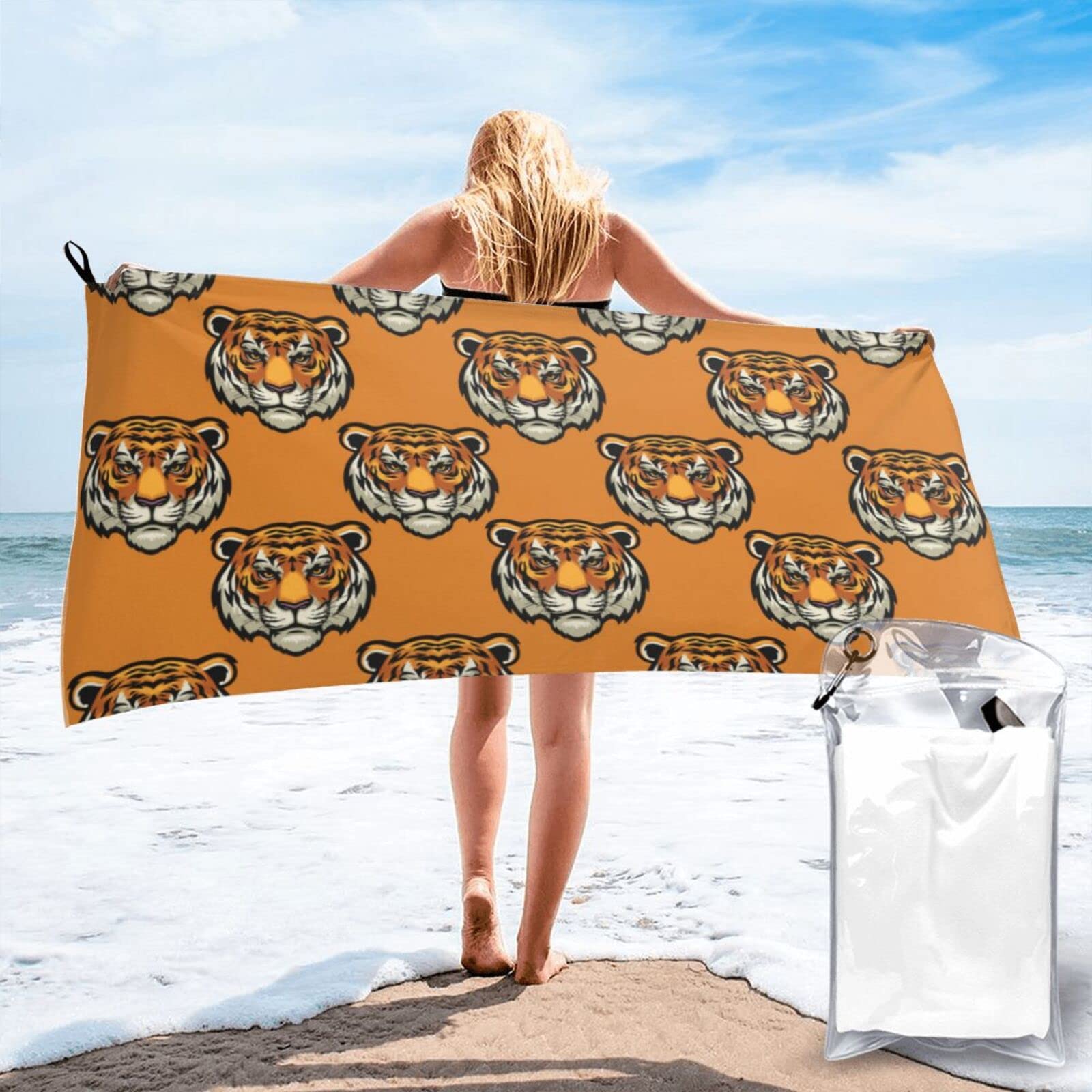 Lawenp Tigers Microfiber Beach Towel Adults Large Quick Drying Bath Towel Travel Towels with Pouch 27.5"x55"