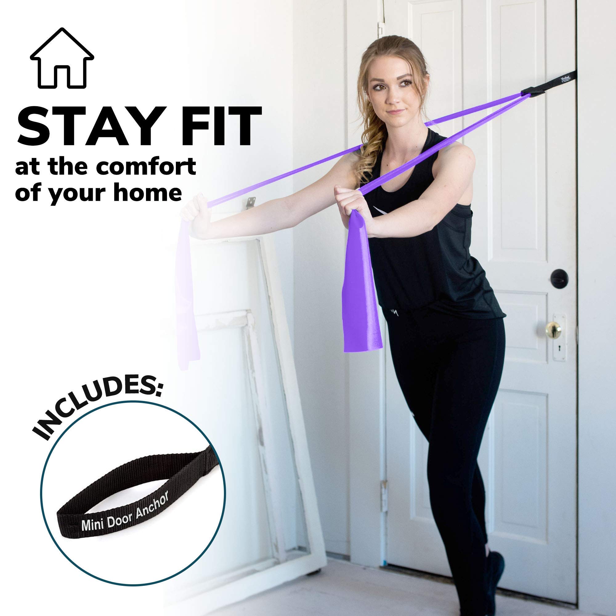 Fascia di resistenza piatta USA resistente viola 2,1 m di lunghezza. Senza lattice. Ancoraggio porta, custodia per il trasporto, e-book e app per iPhone inclusa, palestra, allenamento della forza, fisioterapia, yoga.