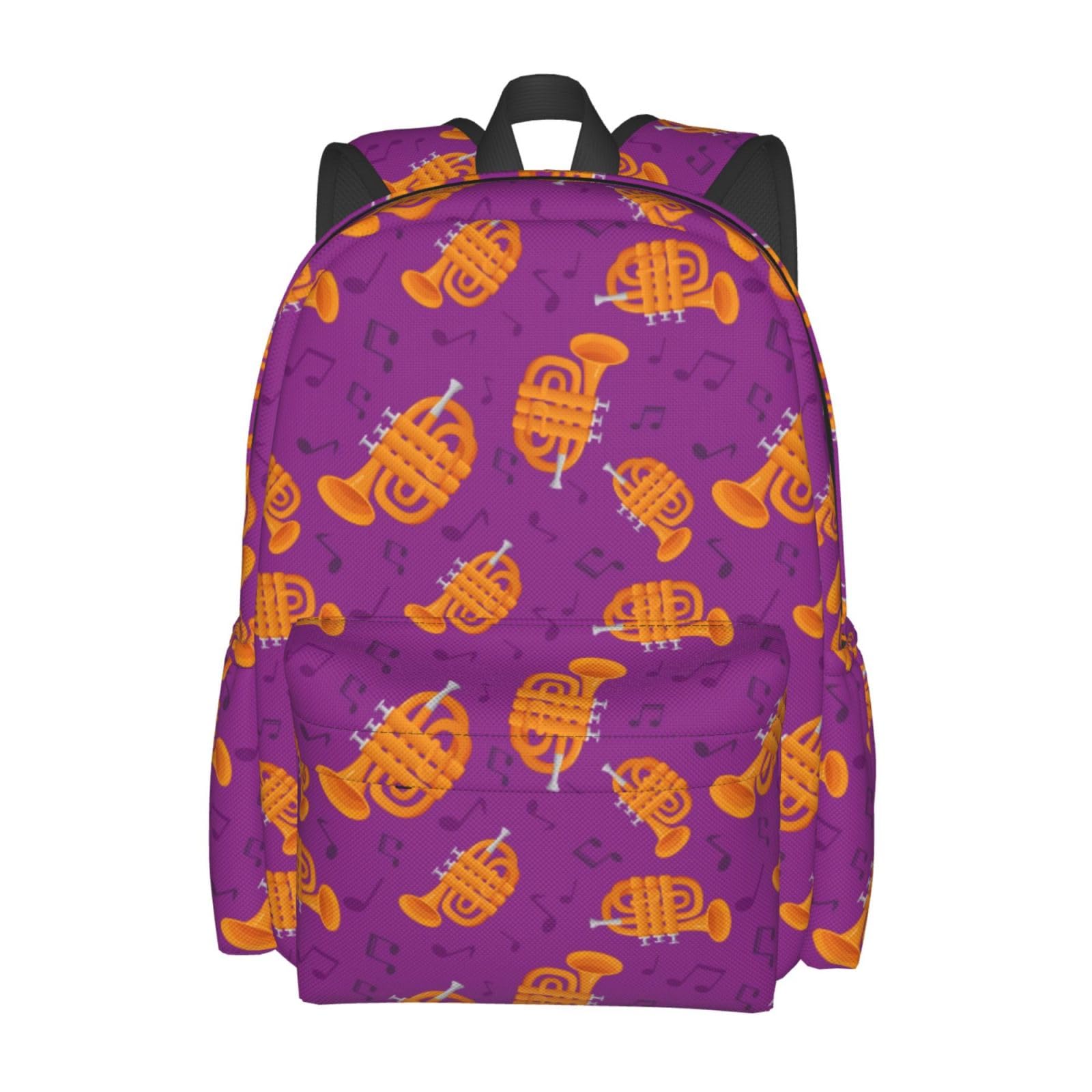 Rqzwdq Golden Trombones Of Music Notes Pattern Backpack Adjustable Casual Daypack Rucksack Travel Bags Bookbag For Women Men Adult 17 Inches