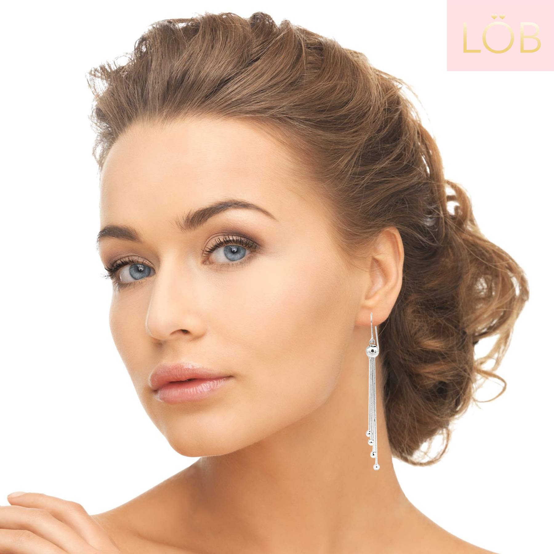Damen Ohrhänger 925 Silber mit Quasten XXL Kette Perle Kugel Anhänger Ohrringe Hängend Lang modern schlicht 9,5cm