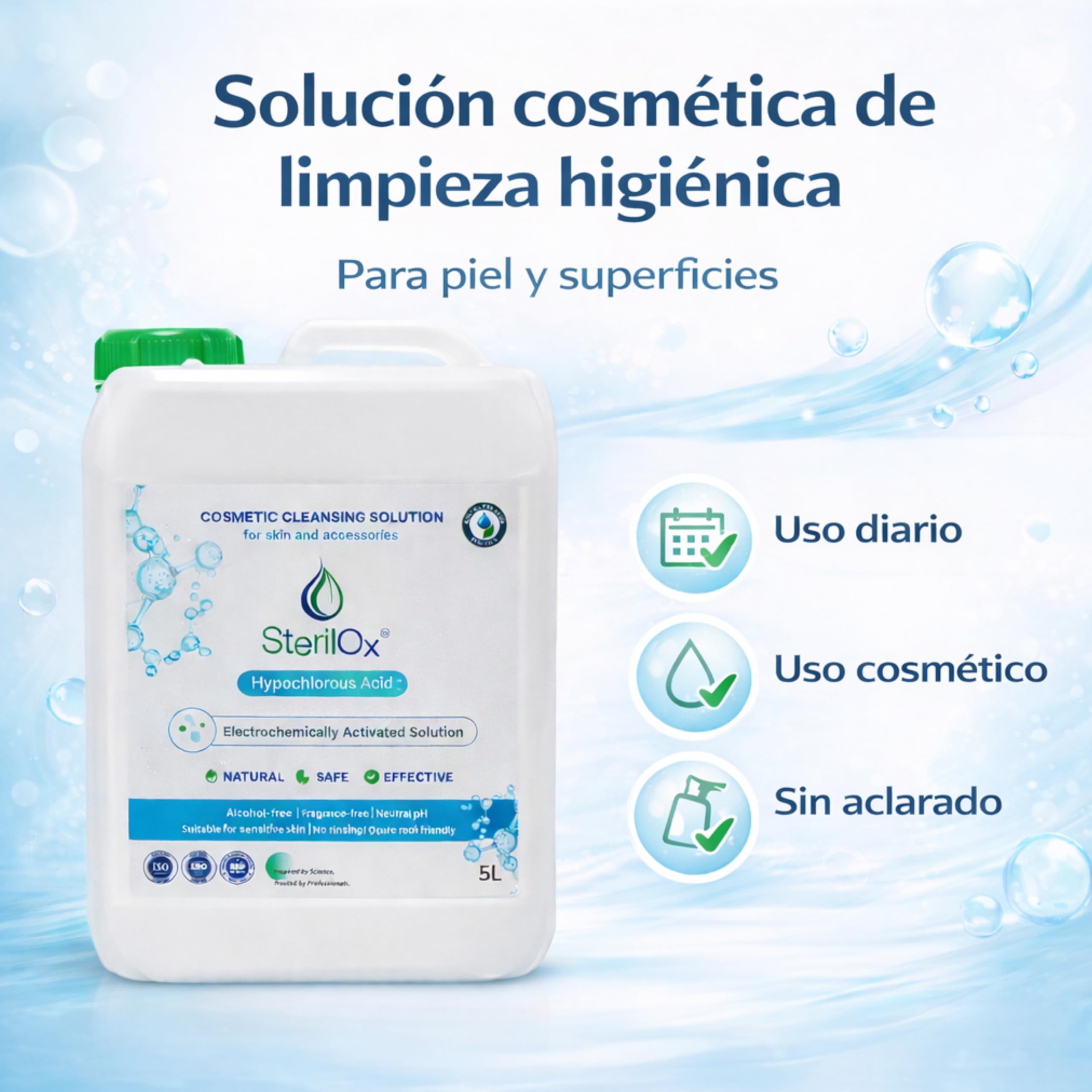 5L Solución Cosmética de Limpieza Higiénica para Piel y Superficies – Ácido Hipocloroso (HOCl), Sin Alcohol, Sin Perfume, Sin Aclarado, Uso Profesional y Doméstico