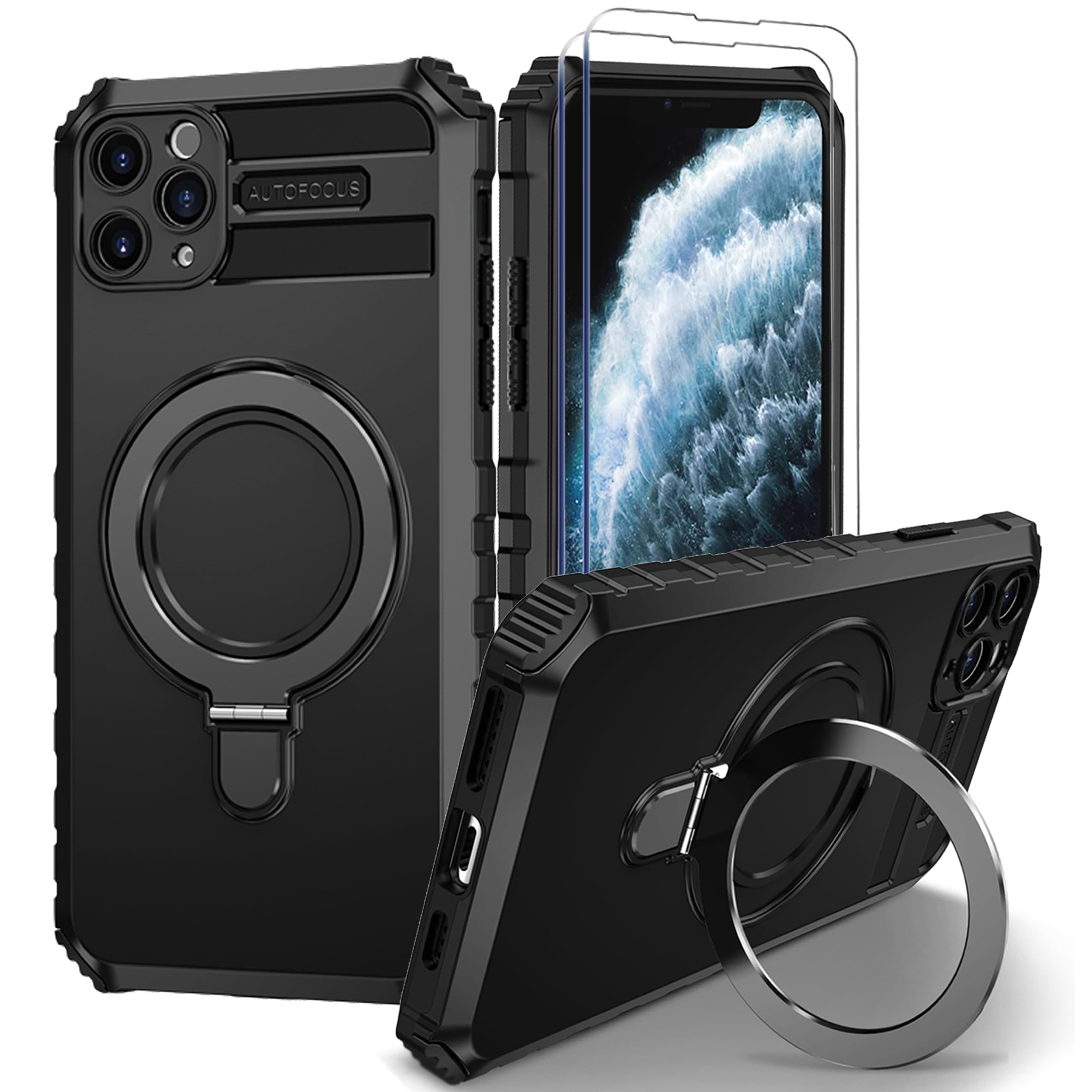 Fudley for 11 Pro Max Magnetic Case [Compatible with MagSafe] with 2 Tempered Glass Screen Protectors with Ring Kickstand,Military Grade Heavy Duty