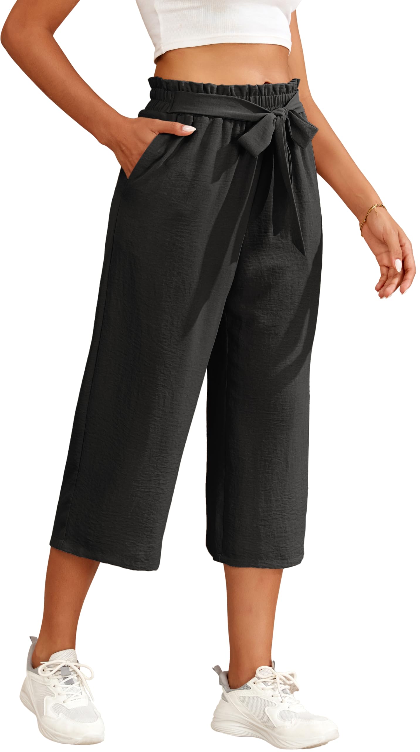 WUWUSKY Damen 3/4 Culotte Hose Leichte Sommerhose Weites Bein Lässig Hose Elegante Hosen mit Taschen