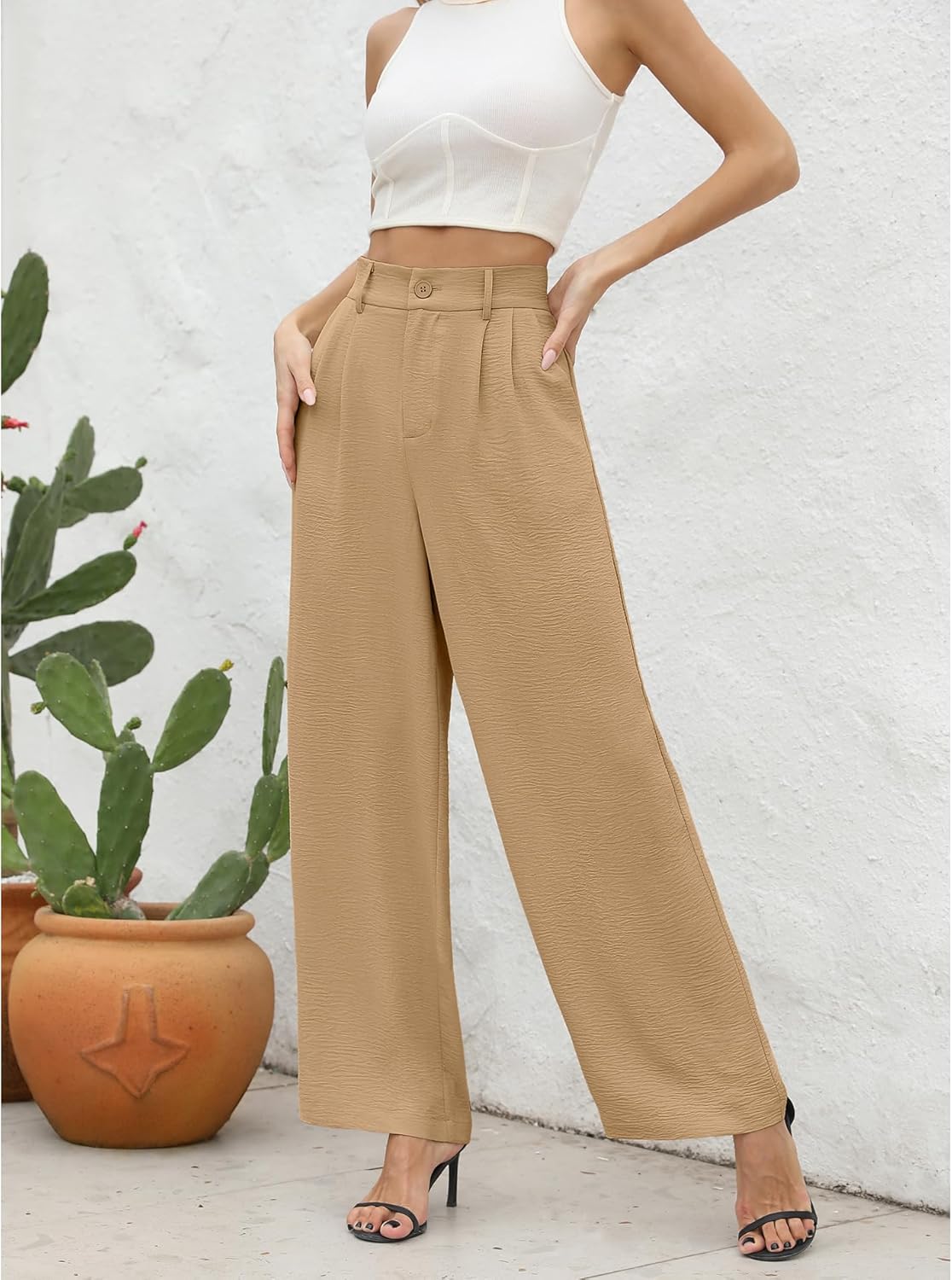 CZYINXIAN Women's Casual High Waisted Wide Leg Pants Flowy Business Work Casual Pants with Pockets - Image 3