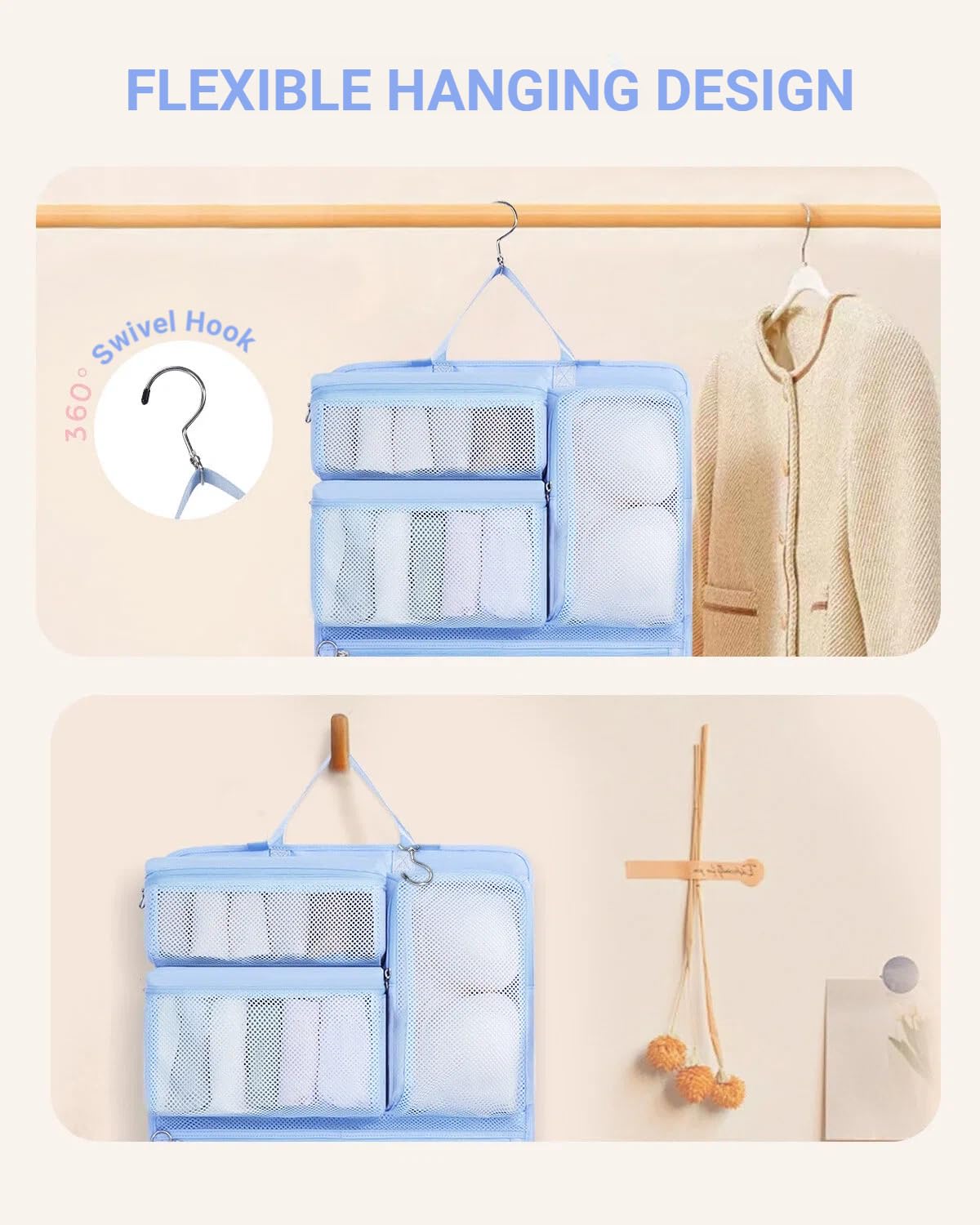 WANDF Cubi da Viaggio 6-in-1 Organizzatore per Valigie con Gancio 360°, Cubi da Viaggio Comprimibili Idrorepellenti, Bagaglio a Mano Multifunzionale, Accessori Viaggio Uomo e Donna, Blu