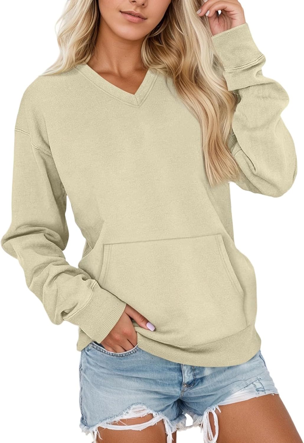 V Neck Sweatshirt Women Pocket No Hood Oversized Pullover Casual Soft Long Sleeve Tops Fall Outfits With Pockets