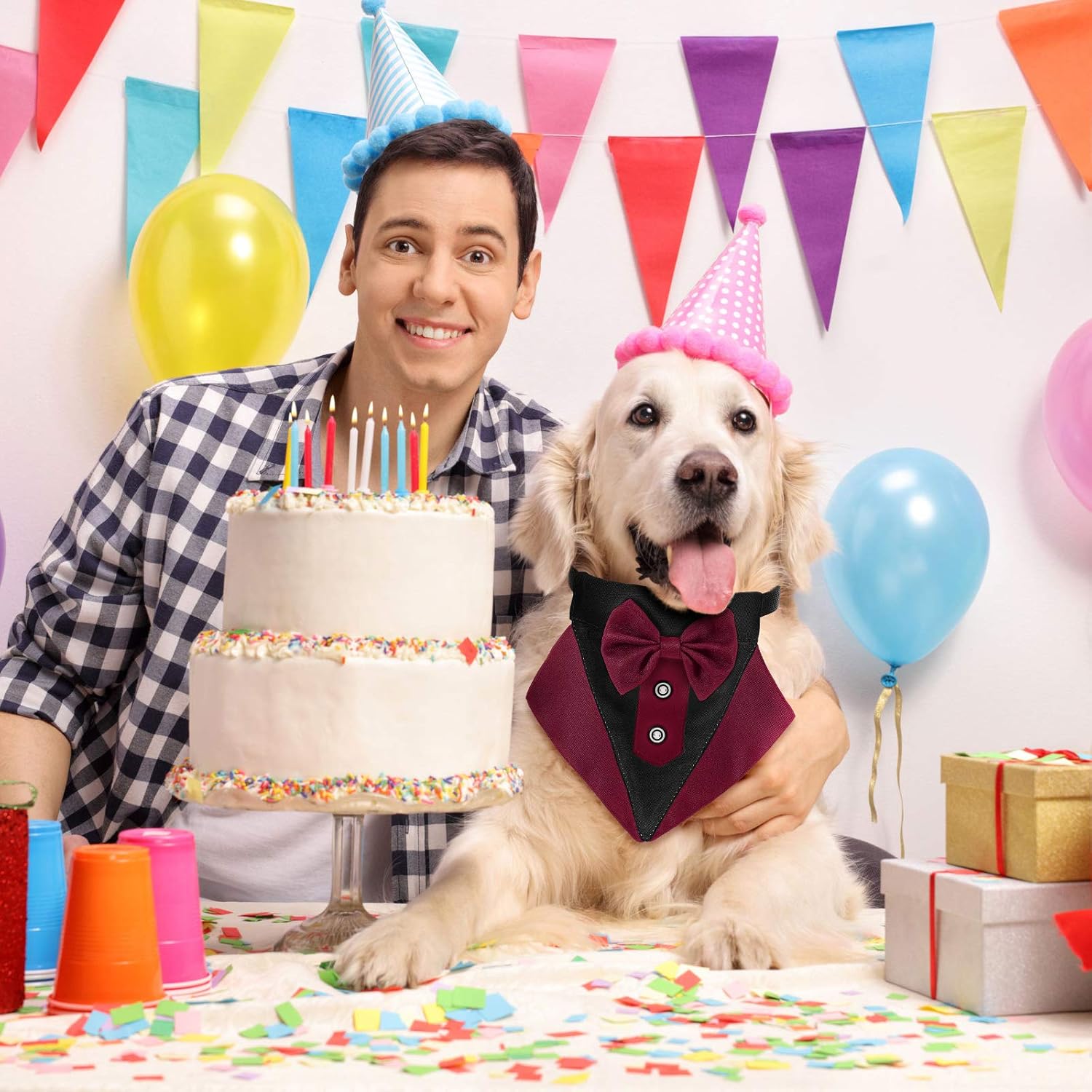 Formal Dog Tuxedo Bandana Dog Wedding Bandana Dog Collar with Bow Tie and Neck Tie Designs Adjustable Black Collar Formal Tux Dog Bowtie Adjustable Neckerchief (Wine Red,M) : Pet Supplies