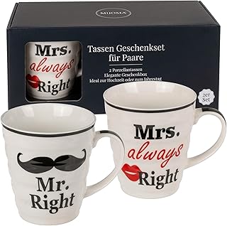 MIJOMA 2er Becher Set Mr. Right & Mrs. Always Right – Porzellan Tassen 330 ml mit Geschenkbox – Kaffeebecher für Paare, Hochzeit, Jahrestag und Valentinstag