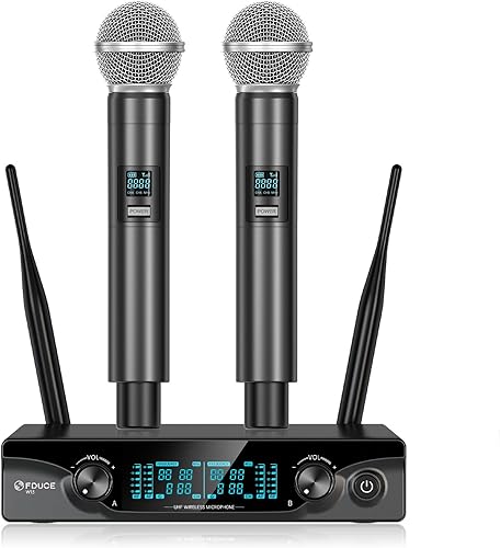 FDUCE Micrófonos inalámbricos, sistema de micrófono de karaoke dinámico de mano dual inalámbrico para karaoke, fiesta, boda, eventos al aire libre,