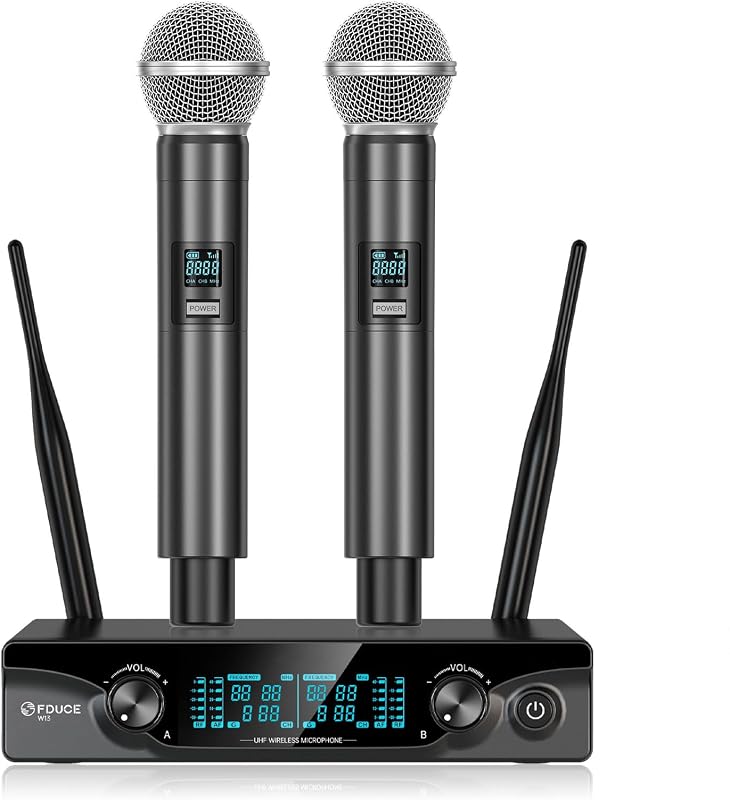 FDUCE Vezeték nélküli karaoke mikrofon szett, 2 db kézi dinamikus mikrofon UHF vevővel