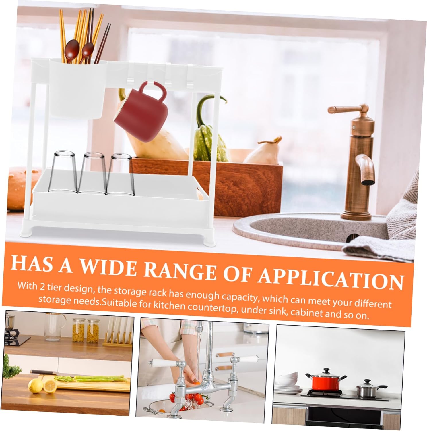 1set under Sink Storage Organizer Sliding Basket Rack for Kitchen Cabinet with Hook Cup Material Strong Load Capacity for Countertop and Cabinet Organization