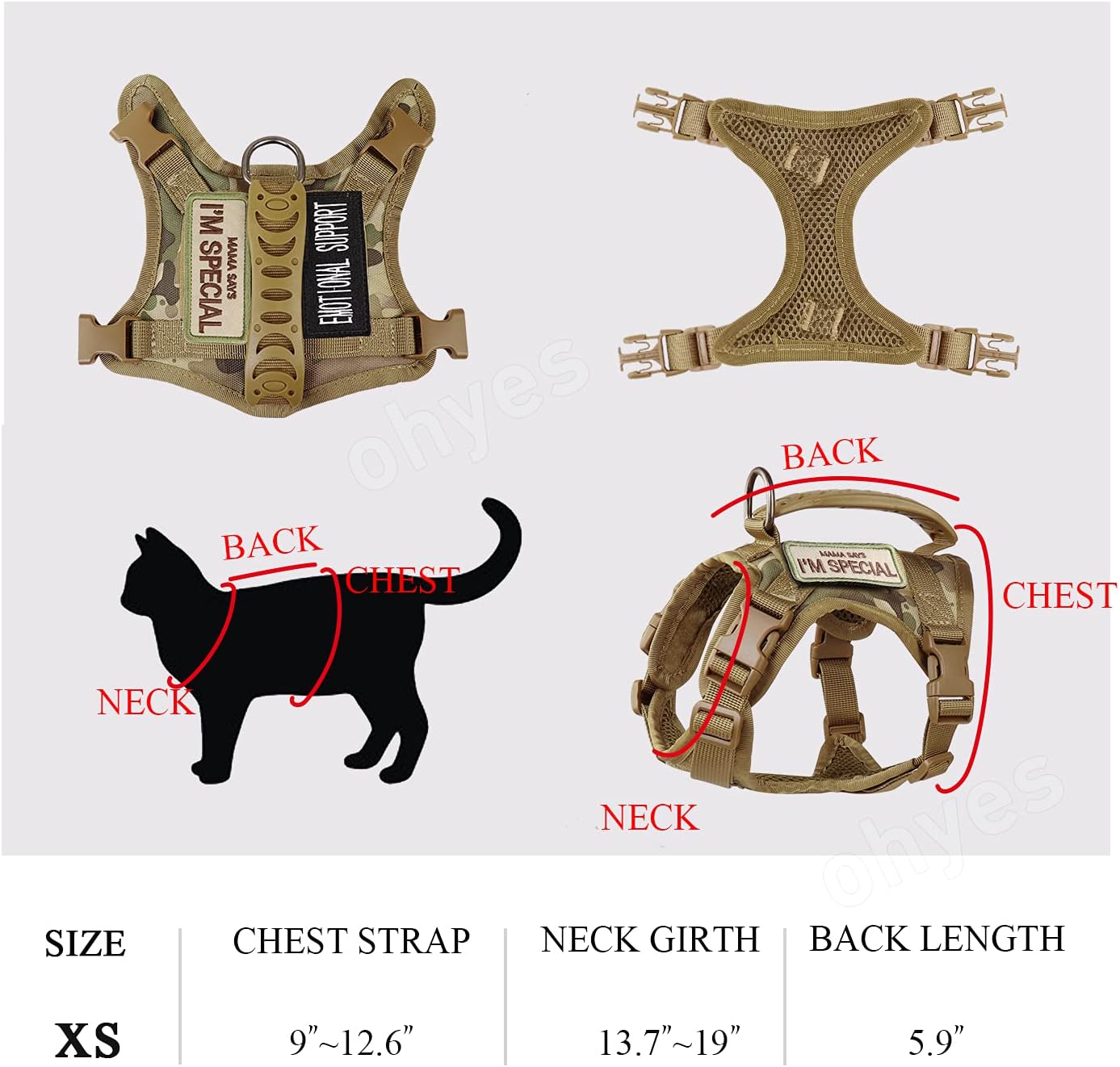 Tactical Cat Harness for Walking Escape Proof, Soft Mesh Adjustable Pet Vest Harness for Large Cat,Small Dog (L, Khaki)
