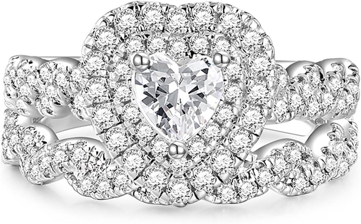 Jeulia 2pcs Heart Cut Engagement Ring Set for Women; 925 Sterling Silver Promise Ring for her Simulated Diamond Twisted Anniversary Wedding Ring Band Enhancer Bridal Sets with Jewelry Gift Box