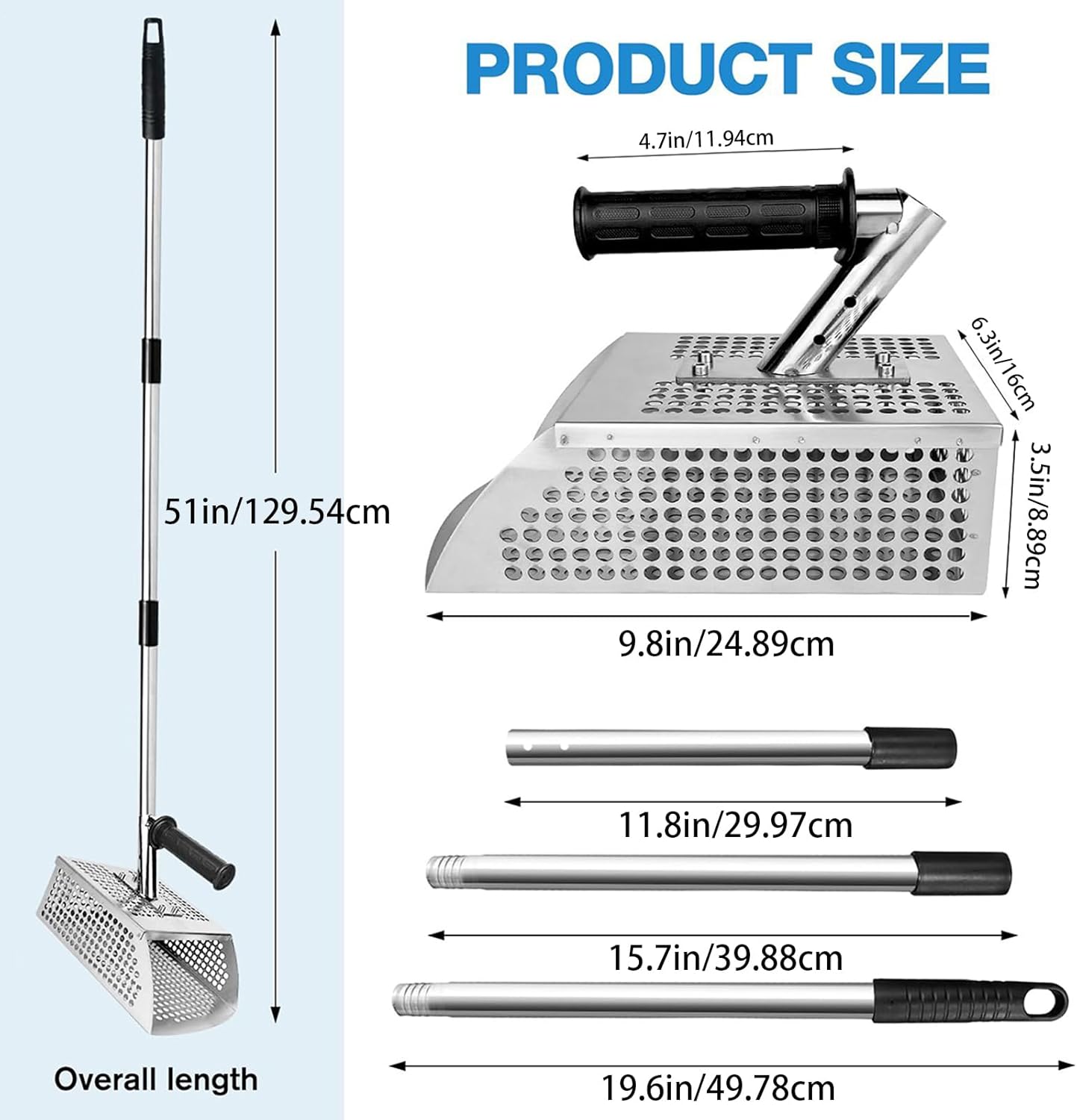金属探知用砂スクープ - ビーチサンドショベル | ロングハンドル ステンレスレーキ 滑り止め付き ビーチ探査用 砂金探査