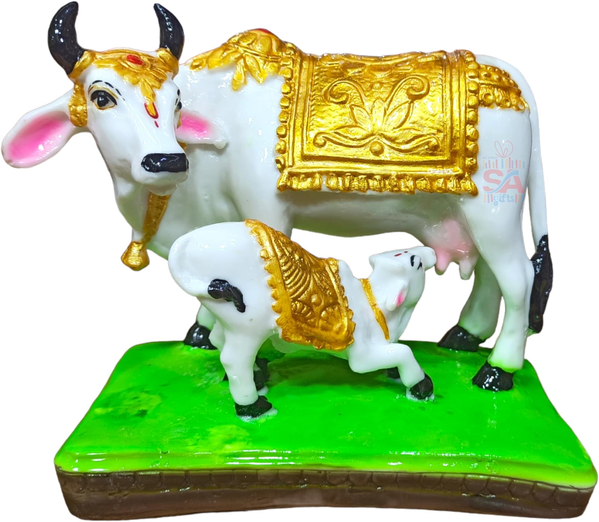Sai Amrut Handicraft Decorative Marble Cow and Calf Big Statue/Idol for Gift Home Decor (Gold 5 Inch), Animal;Religious