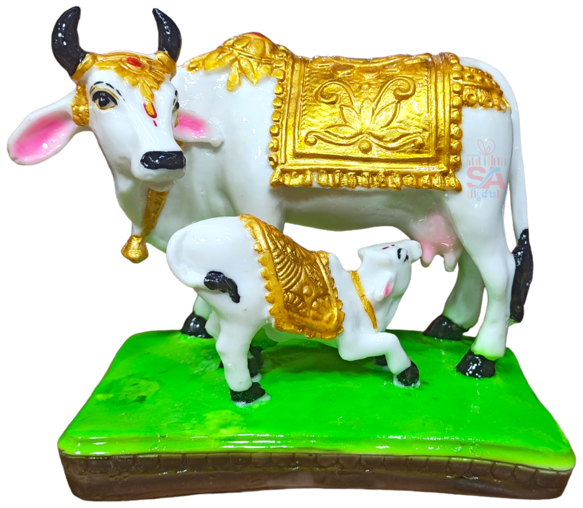 S A GIFTS Sai Amrut Handicraft Decorative Marble Cow and Calf Big Statue/Idol for Gift Home Decor (Gold 5 Inch)