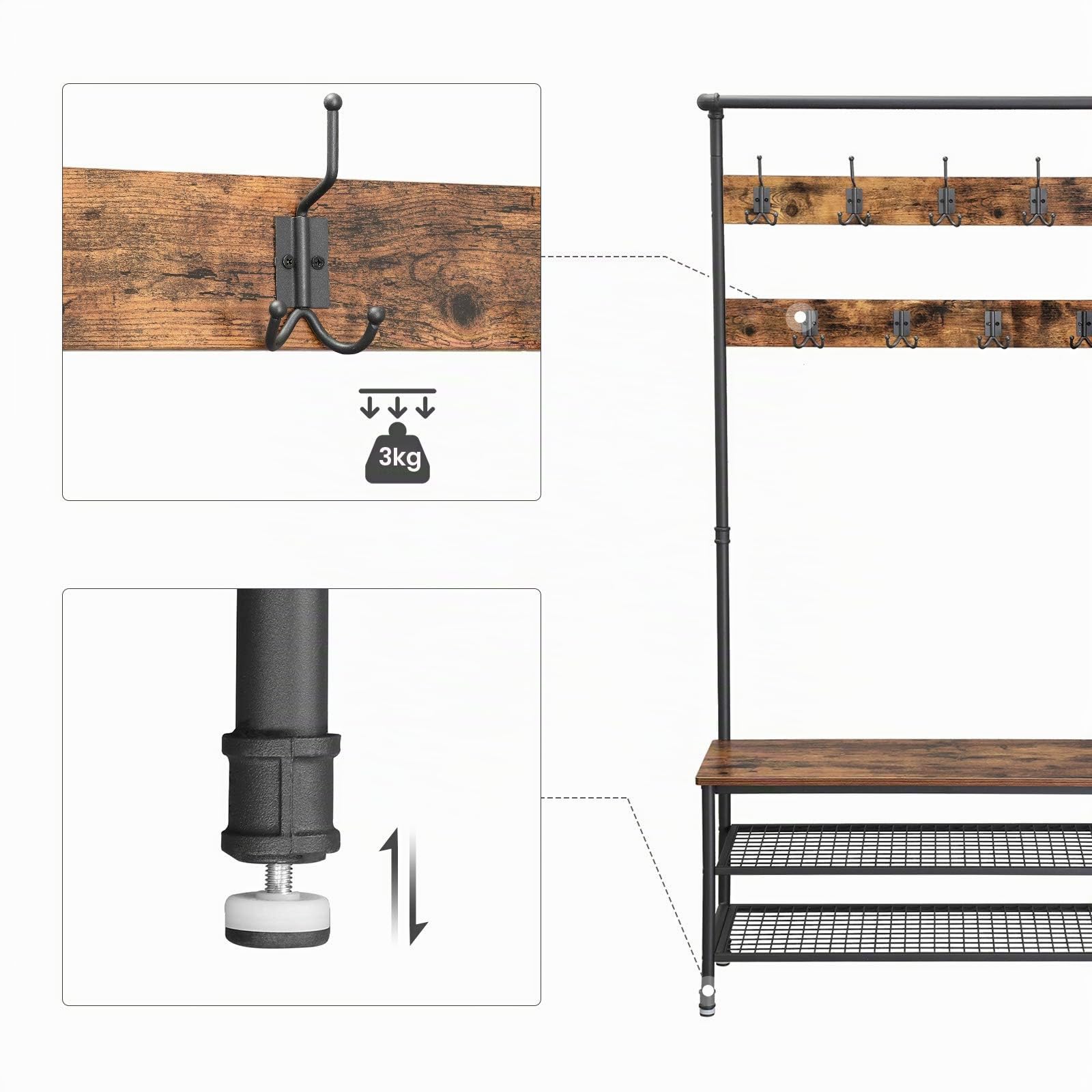 VASAGLE Perchero, Mueble Recibidor Grande con Banco, 9 Ganchos, Zapatero, Perchero, 41,5 x 100 x 182 cm, para Pasillo Salón Dormitorio, Marrón Rústico y Negro HSR47BX