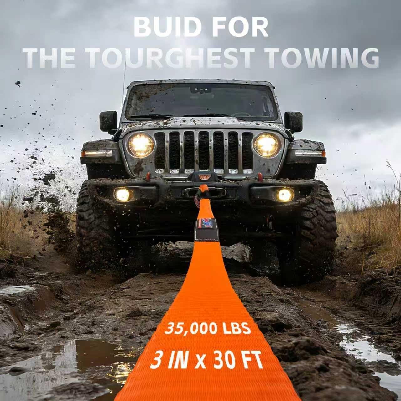 Recovery Tow Strap with Reinforced Loops 3" x 30ft Heavy Duty 35000 LBS Break Strength Emergency Recovery Tow Strap Winch Extension Rope for Car, Truck, Jeep, ATV, SUV, Tree Saver, Winch Extension