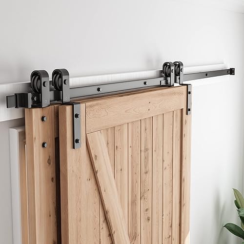Miniatura 7 de SMARTSTANDARD Kit de herrajes para puerta corrediza de granero de 5.5 pies  para puertas dobles de madera  pista única  Suave y silenciosamente