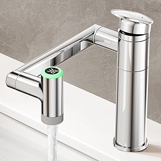 JONKEAN Wasserhahn Bad mit Temperaturanzeige(Batterielos), 1080° Drehbar Einhebelmischer Waschbecken, Höhenverstellbare Badezimmer Wasserhahn, Waschtischarmatur Hoch (LJBP54D, Chrom)