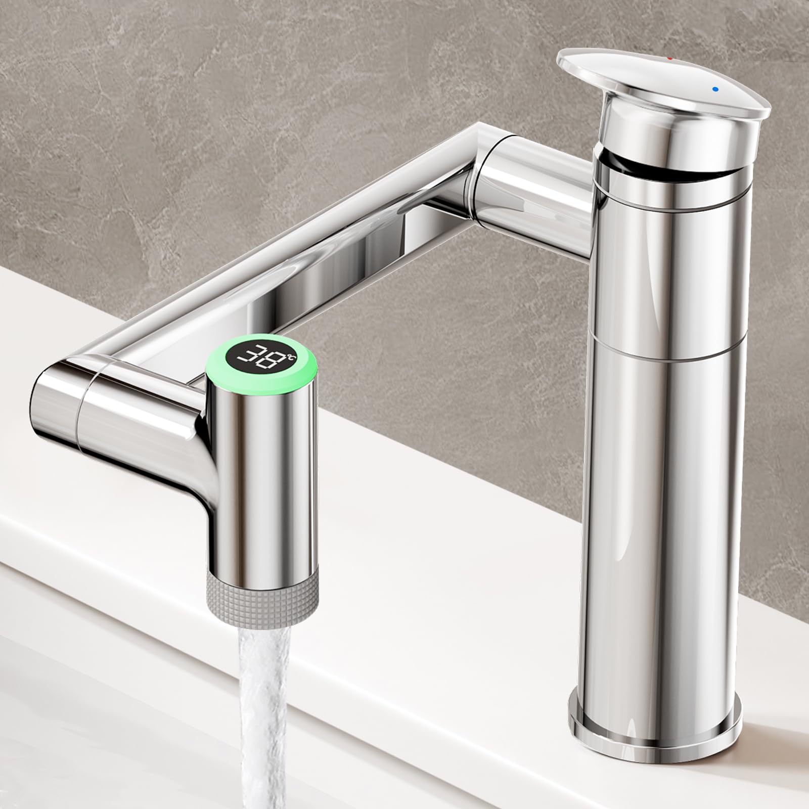 JONKEAN Chrom Wasserhahn Bad mit Temperaturanzeige(Batterielos) | 1080° Drehbar Mischbatterie Waschbecken, Moderne Armatur Badezimmer, Warm/Kaltwasser, Einfache Montage für Badezimmer, RV