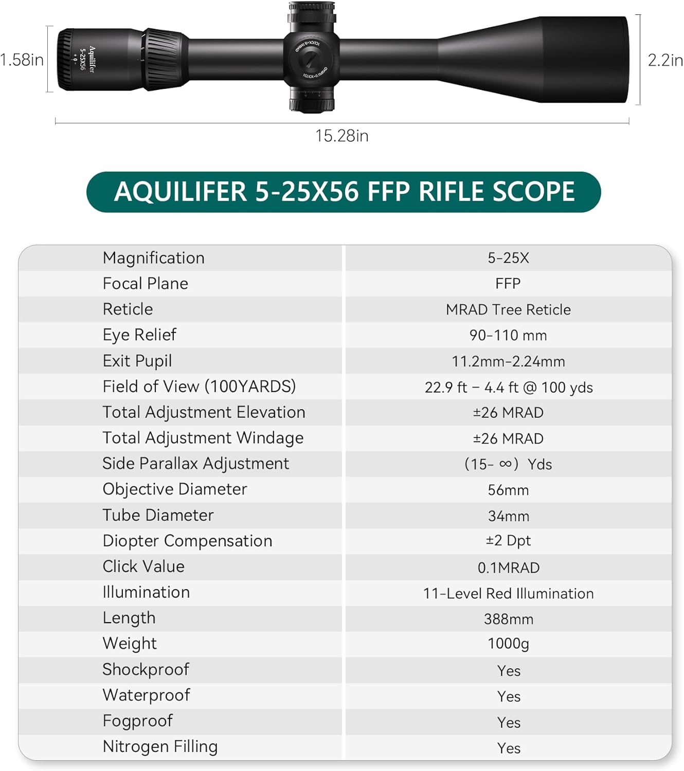 Aquilifer EP Series 5-25x56/6-24x50 FFP Long Range Scope, ED Glass, 0.1 MRAD Turrets, Zero Stop, Side Parallax, Illuminated Reticle, for Precision Rifle Competition