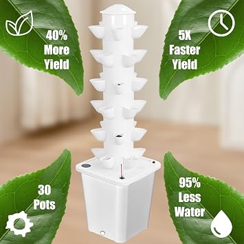 Hydroponic Growing System, 30 Pods 6 Layers Hydroponics Tower Set, Garden Hydroponic Tower with 10L Water Tank for Indoor Herbs, Fruits, and Vegetables, Aeroponics Growing Kit (White)