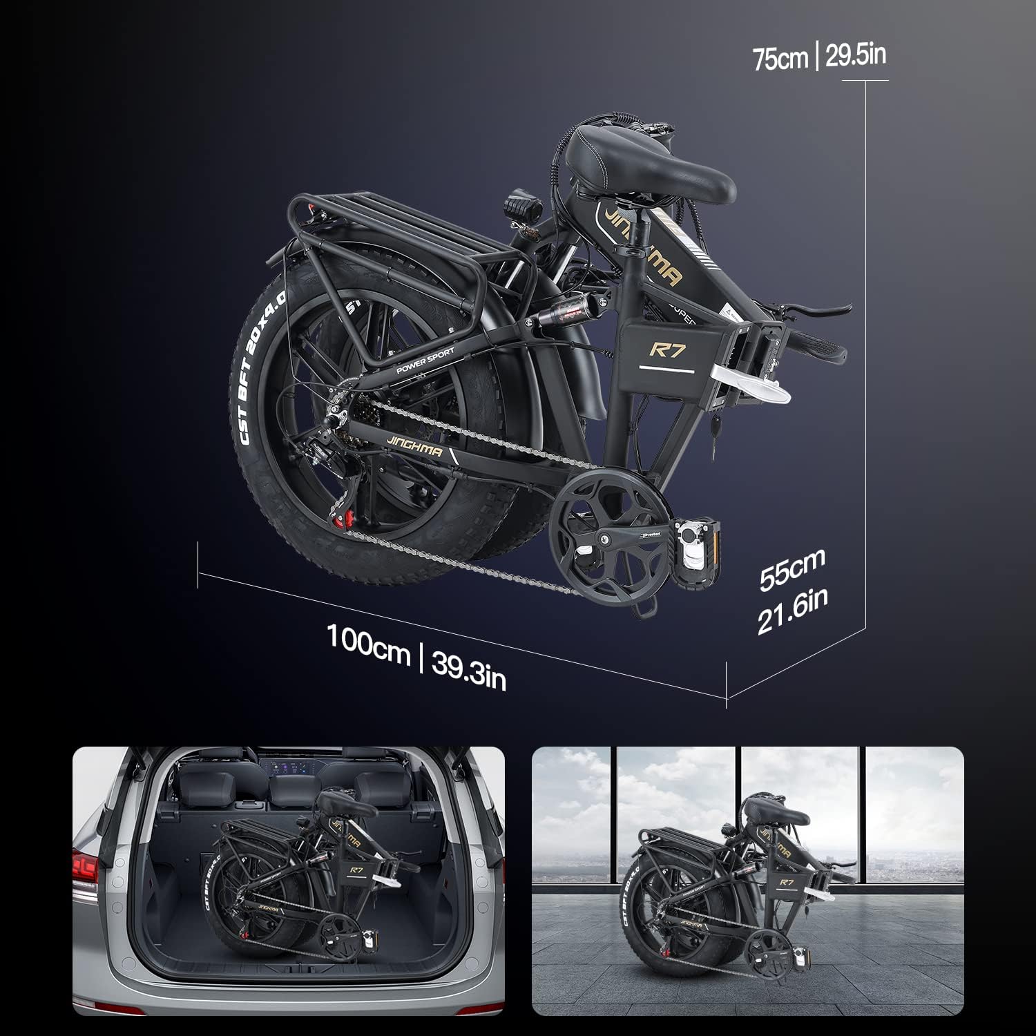 BURCHDA R7PRO folded dimensions and bike stored in a car trunk