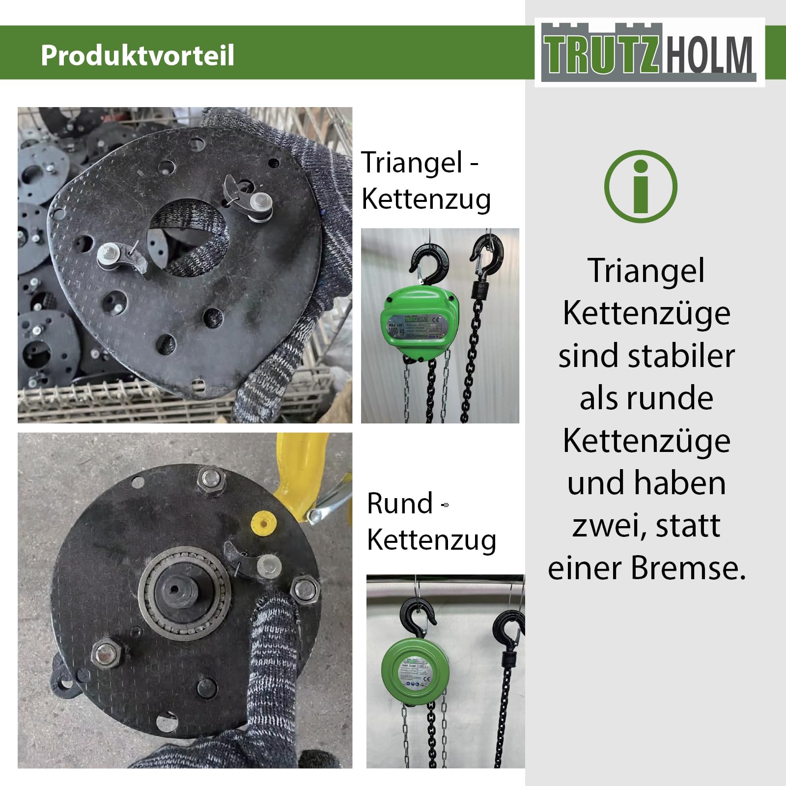 TRUTZHOLM Flaschenzug 1000 kg 1 t Tragkraft 12000 mm 12 m Hubhöhe HSC Triangel