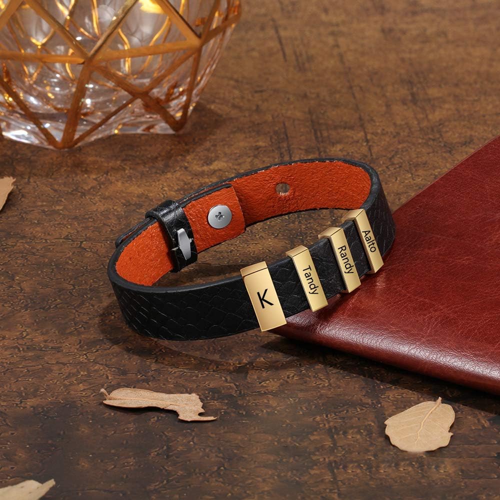 Lovejewelry Personalized Mens Leather Bracelet with Small Custom Beads Free Engraving 2-4 Names Adjustable Bangle Bracelets for Boyfriend