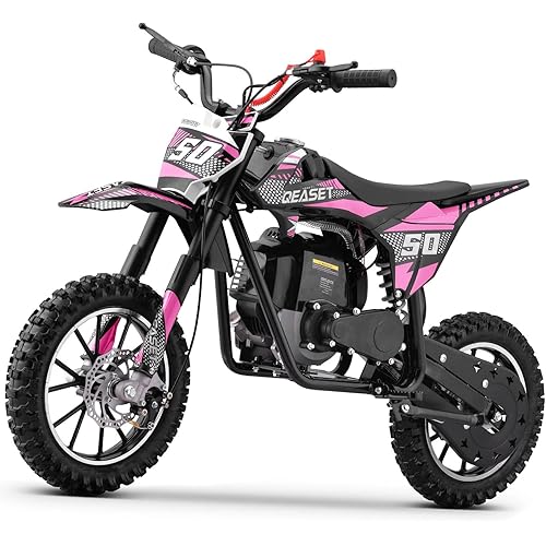 50cc Mini Dirt Bike, 4-Stroke Kids Gas Bike with Front Fork, Shock Absorber and Soft Seat Cushion, Max Load 165Lbs, Pull Start Cooperate Disc Brakes and Up to 25mph (Pink)