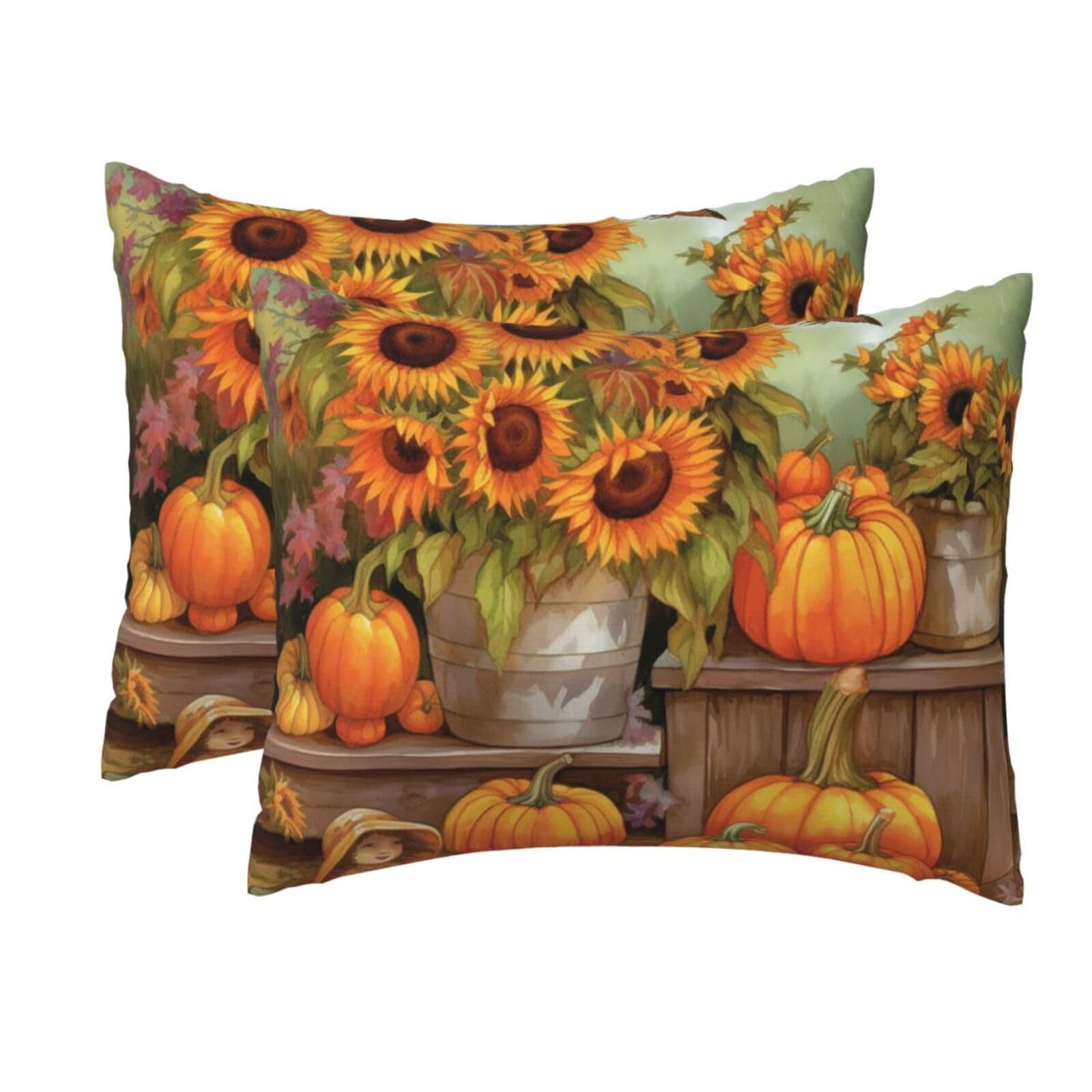 2 Pack Standard Pillow Cases with Hidden Zipper, Soft Breathable Pillow Covers for Hair and Skin, Autumn Sunflowers Pumpkins Pillowcases 20"x26" Bed Pillow Protectors Cover for Sleeping Gifts