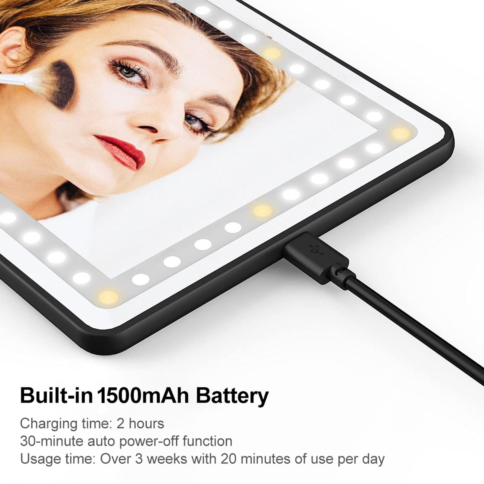 Shkalacar Samochodowe lusterko kosmetyczne, wizjer samochodowy z 3 trybami świecenia, 60 diod LED, możliwość ściemniania, podwójny ekran dotykowy, kabel USB do ładowania, uniwersalna osłona