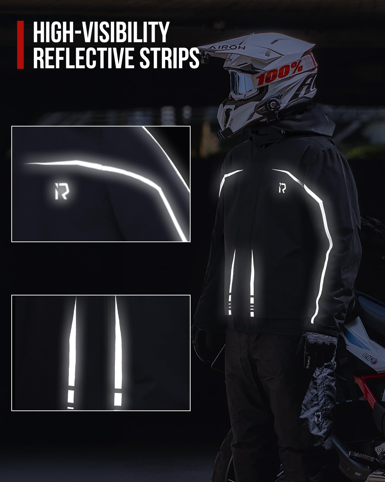 RIDEIRON Tuta antipioggia da moto Completo,Giacca antipioggia moto uomo con cappuccio staccabile Impermeabile Riflettente Leggera Antivento Da esterno per ciclisti,Nero XXL