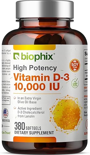 biophix Vitamina D-3 10000 UI 380 cápsulas blandas - Alta potencia en aceite de oliva virgen extra sin OMG sin soja apoya la salud inmunológica de