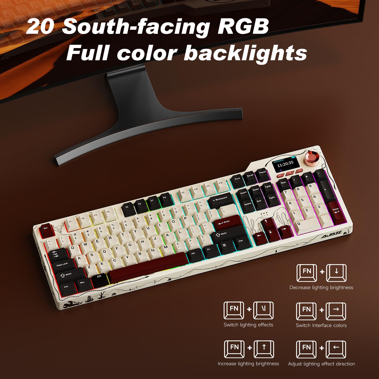 Ajazz AK35I V4 Customizable Wireless Gaming Mechanical Keyboard, Wired/Wireless 2.4G/BT, Gasket Structure, 10000mAh Battery, Full-Color RGB, 1.14-inch Color Screen, Knob, Multi-Function Keys.