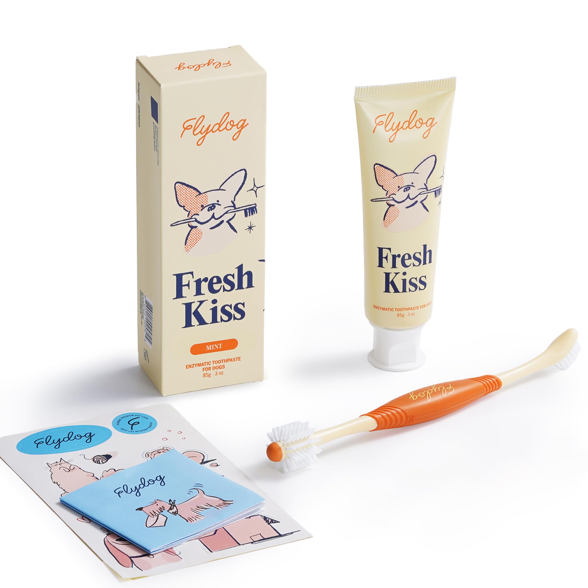 Flydog Fresh Kiss Dog Tooth Brushing Kit, Enzymatic Dog Toothbrush and Toothpaste- Vet Approved Formula, Breath Freshener & Tartar Remover, 360°