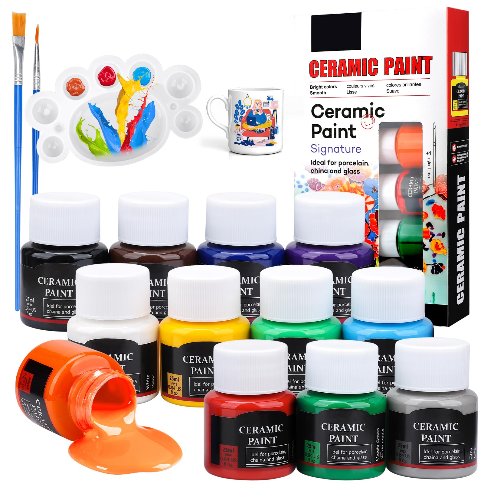 Teokantz Ceramic Paint Set, 12 x 25 ml Porcelain Paint Dishwasher Washable after Firing, Opaque Ceramic Paints for Pottery, DIY Mugs, Cups, Plates, Ceramics, with 1 Painting Palette & 2 Brushes