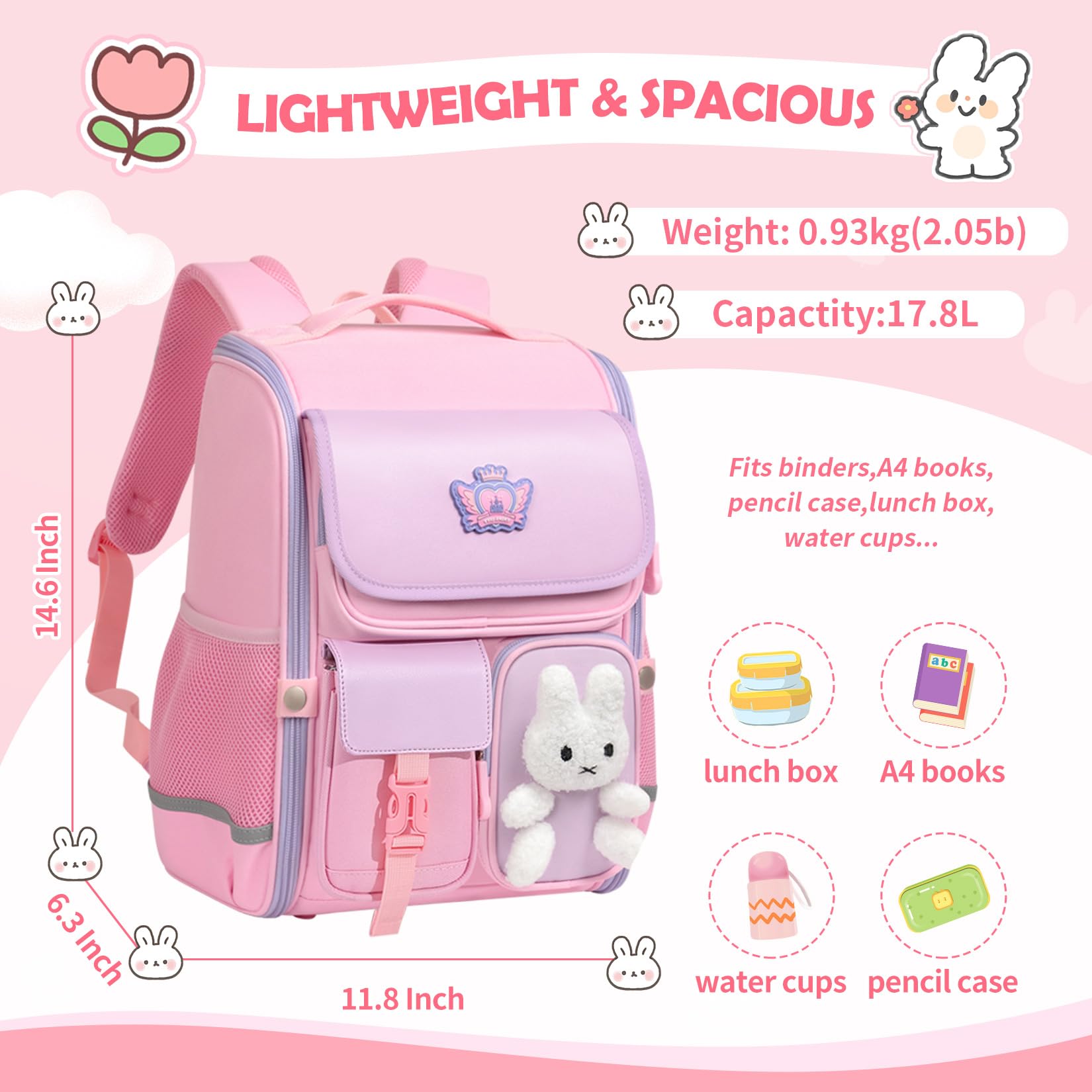 VNINE Kids Backpack for Girls School Backpack for Elementary Primary Kawaii Pink Girls Large Capacity Bookbag Kids Travel Bag Waterproof School Bag for Aged 6-12
