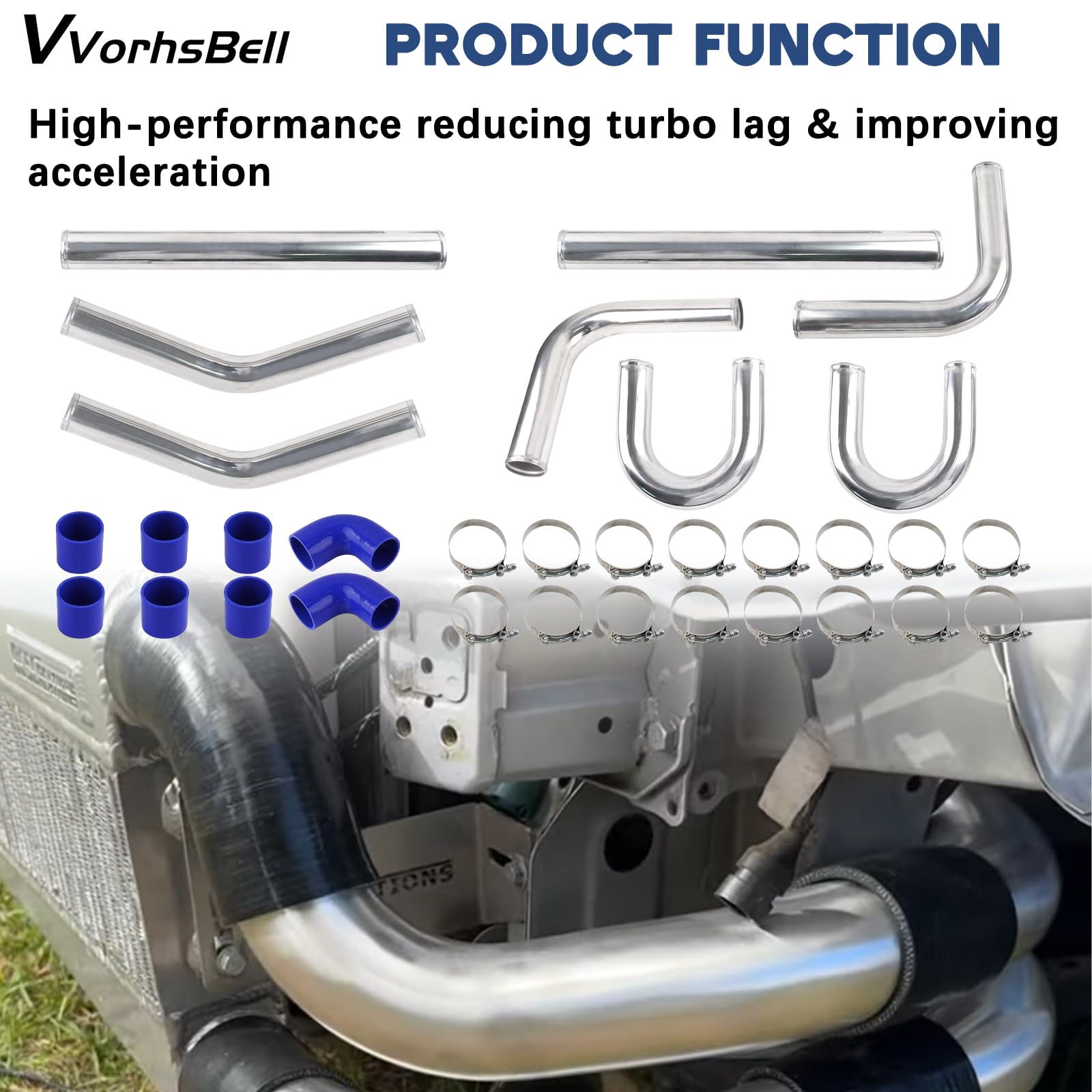 Set di tubazioni per intercooler turbo universale in alluminio da 2,5 pollici con tubi in silicone e fascette T per modifiche auto (Diesel/Gas)