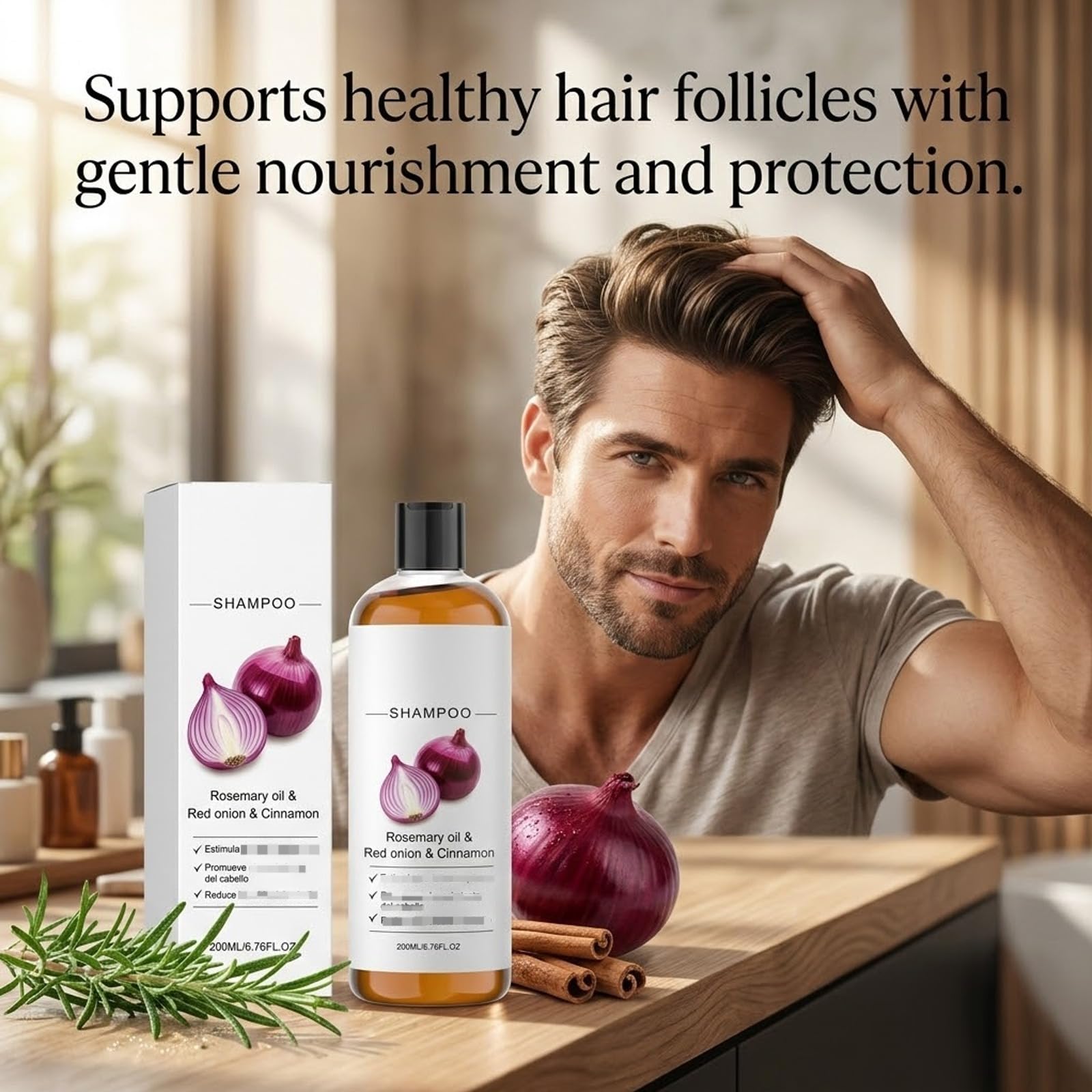 Champú de biotina de romero y cebolla para dar volumen al cabello, champú suave para el cuidado del cuero cabelludo para cabello fino, espesamiento voluminizador, limpieza profunda e hidratante