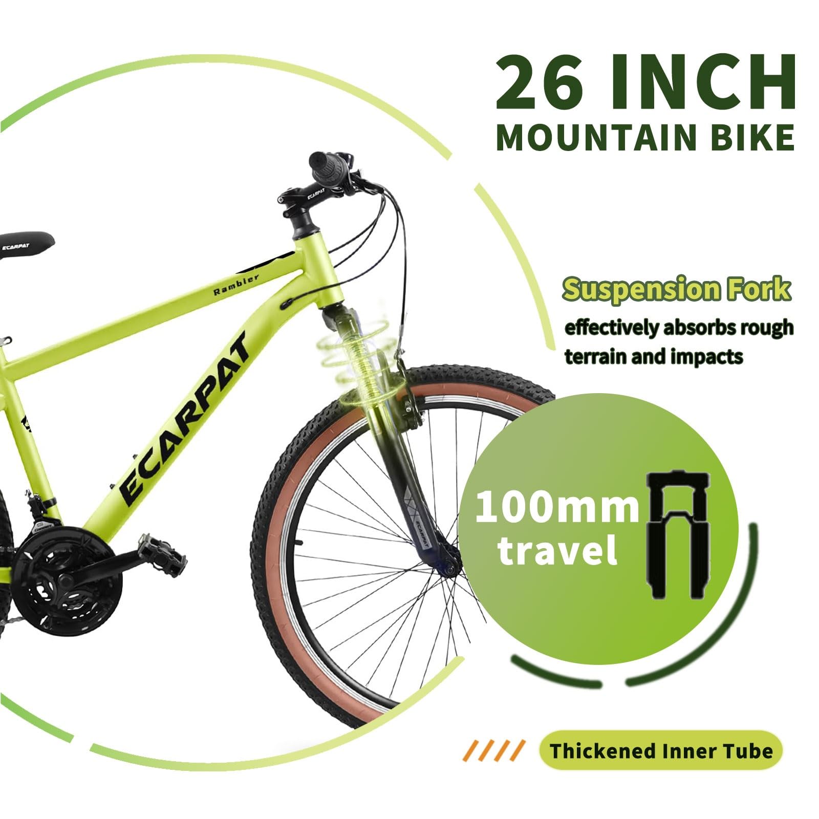 QHIYRZE 26 Inch Mountain Bike?21-Speed V-Brakes Front Suspension Bikes for Adult Men Women?All-Terrain Tires Adjustable Seat Grip Shifter City Bicycles (Color : Green)