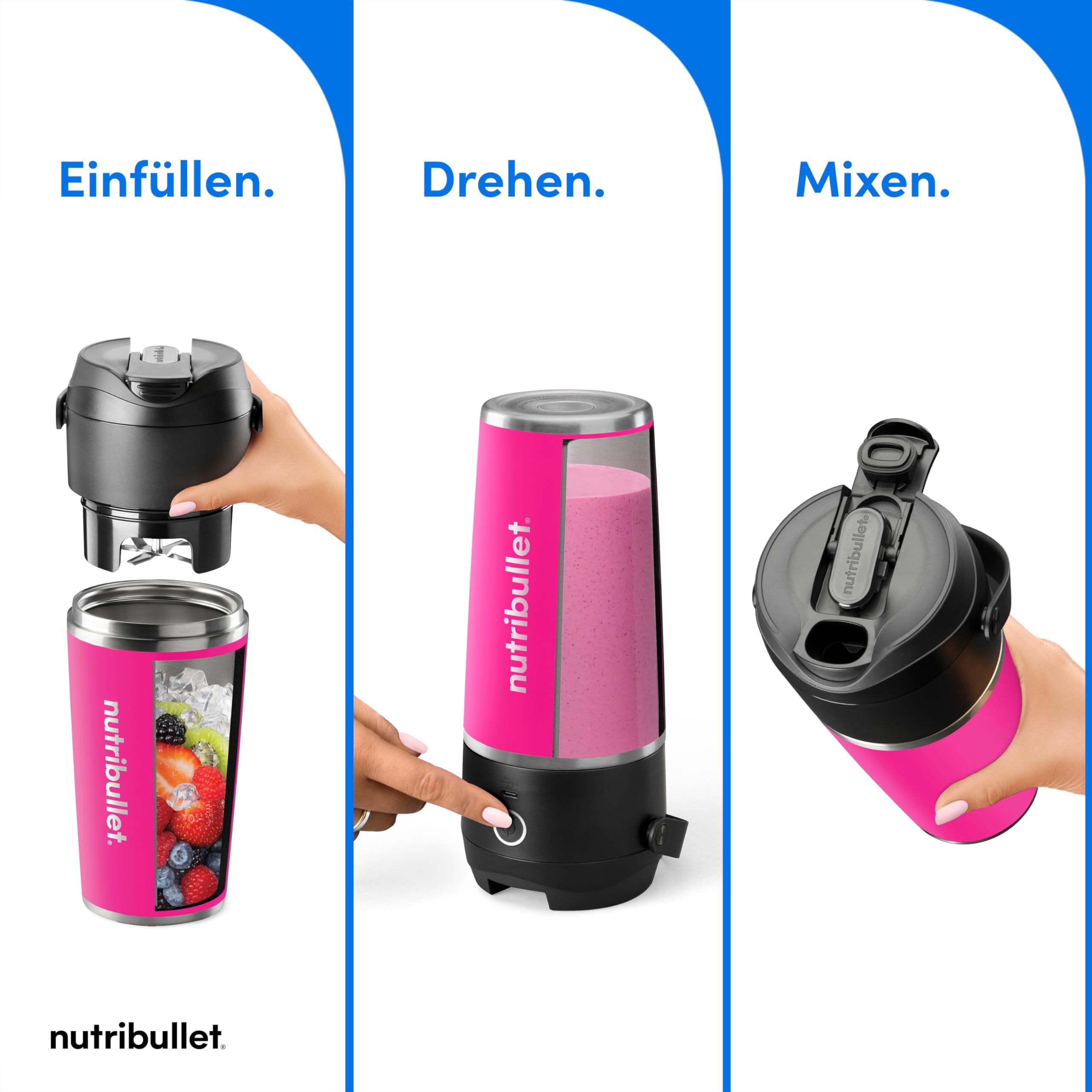 nutribullet Flip, Smoothie Mixer to go, 590 ml isolierter Edelstahl Thermobecher, hält 24h kalt, kabellos, wiederaufladbar (USB-C) für 14+ Mixvorgänge, Eiscrusher, Pink, NBP016MA