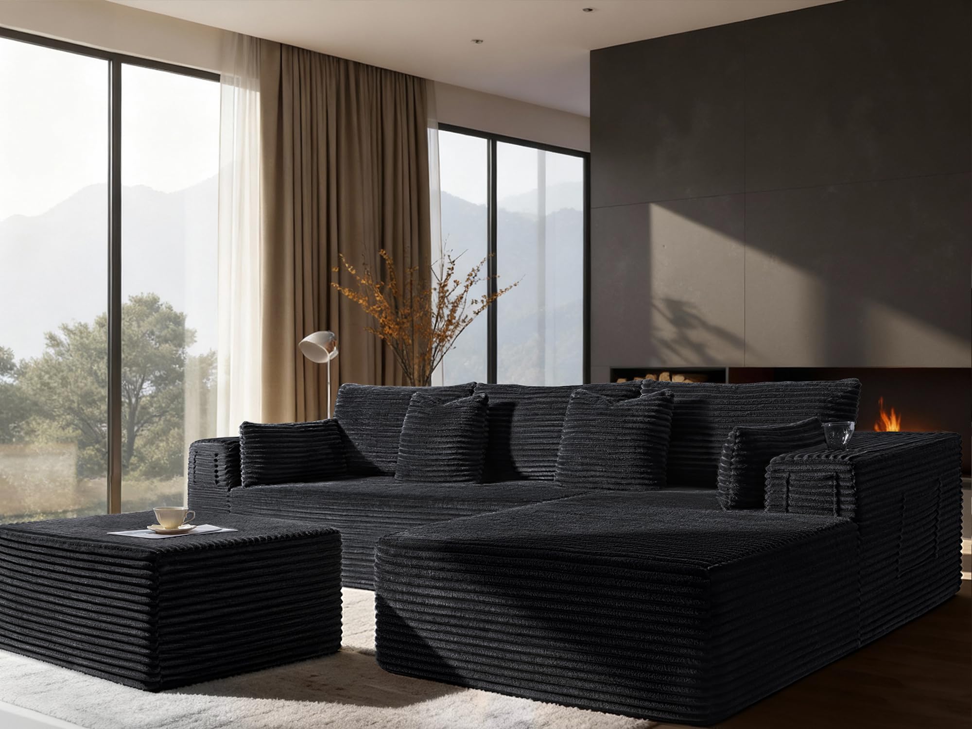 108" Oversized Cloud Sectional Couch, Comfort U Shaped Boneless Couch for Living Room, Extra Deep Seats No Assembly, Modular Sofa, Corduroy (Black, 2 Seater + Right Facing Chaise + Ottoman)