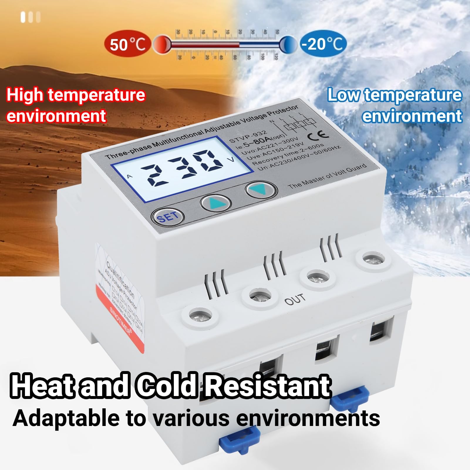 Protezione di Tensione Regolabile LCD Trifase Multifunzione Ripristino Automatico 230 V/400 V CA Protezione da Sovratensione Sottotensione Dispositivo di Protezione Della Tensione(63A)