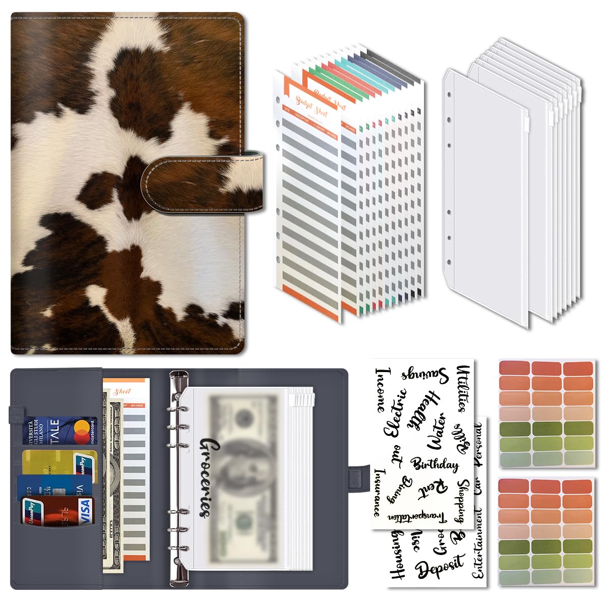 AOPEFNX Budget Binder, Cute A6 Money Saving Binder with Zipper Envelopes, PU Leather Money Organizer for Cash, Expense Budget Sheets and Cash