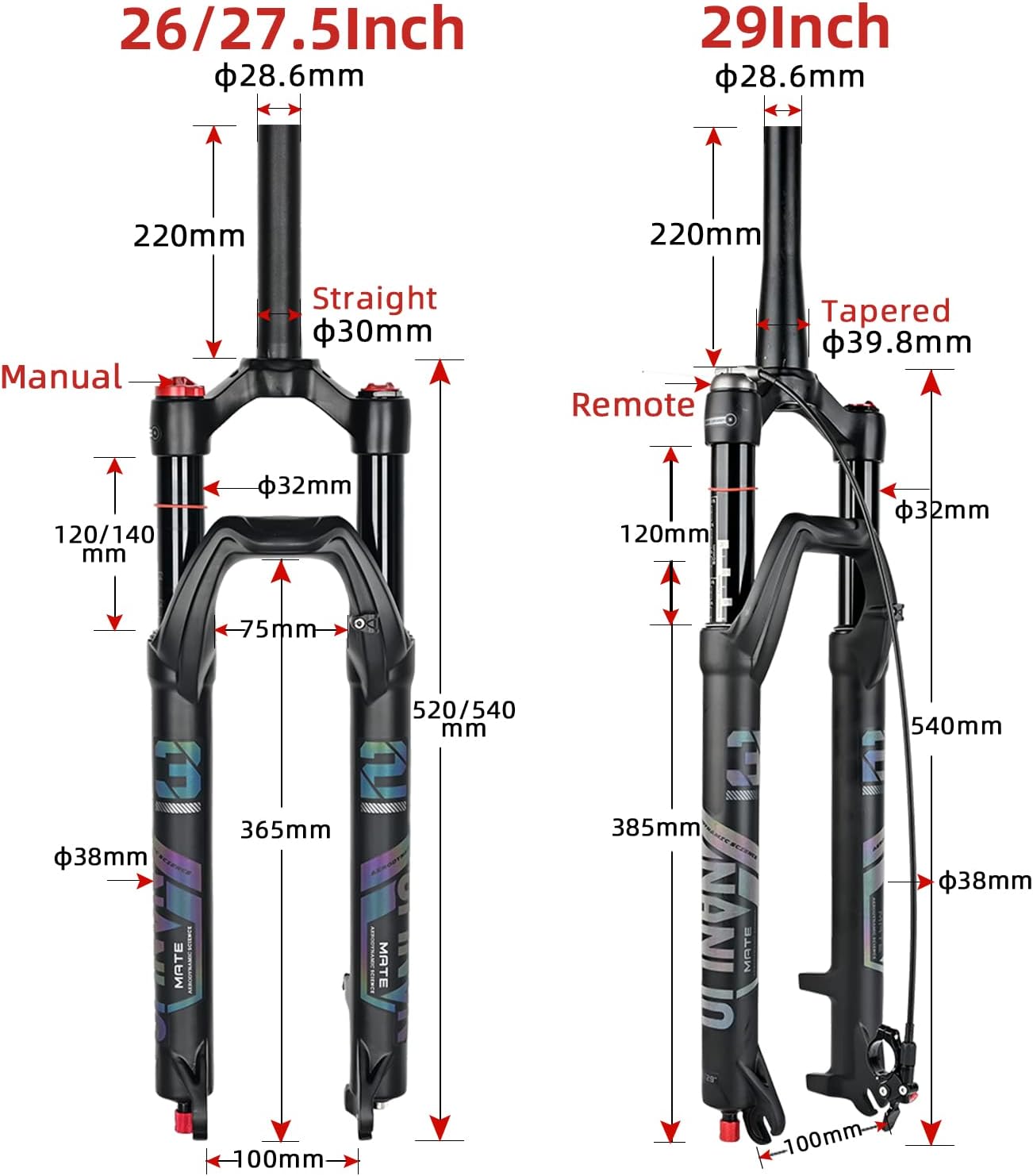 Mate Bicycle Suspension Forks - 26/27.5/29 Inch Oil and Air Fork - Rebound Adjustment - Mountain Bike Fork with 120mm Travel